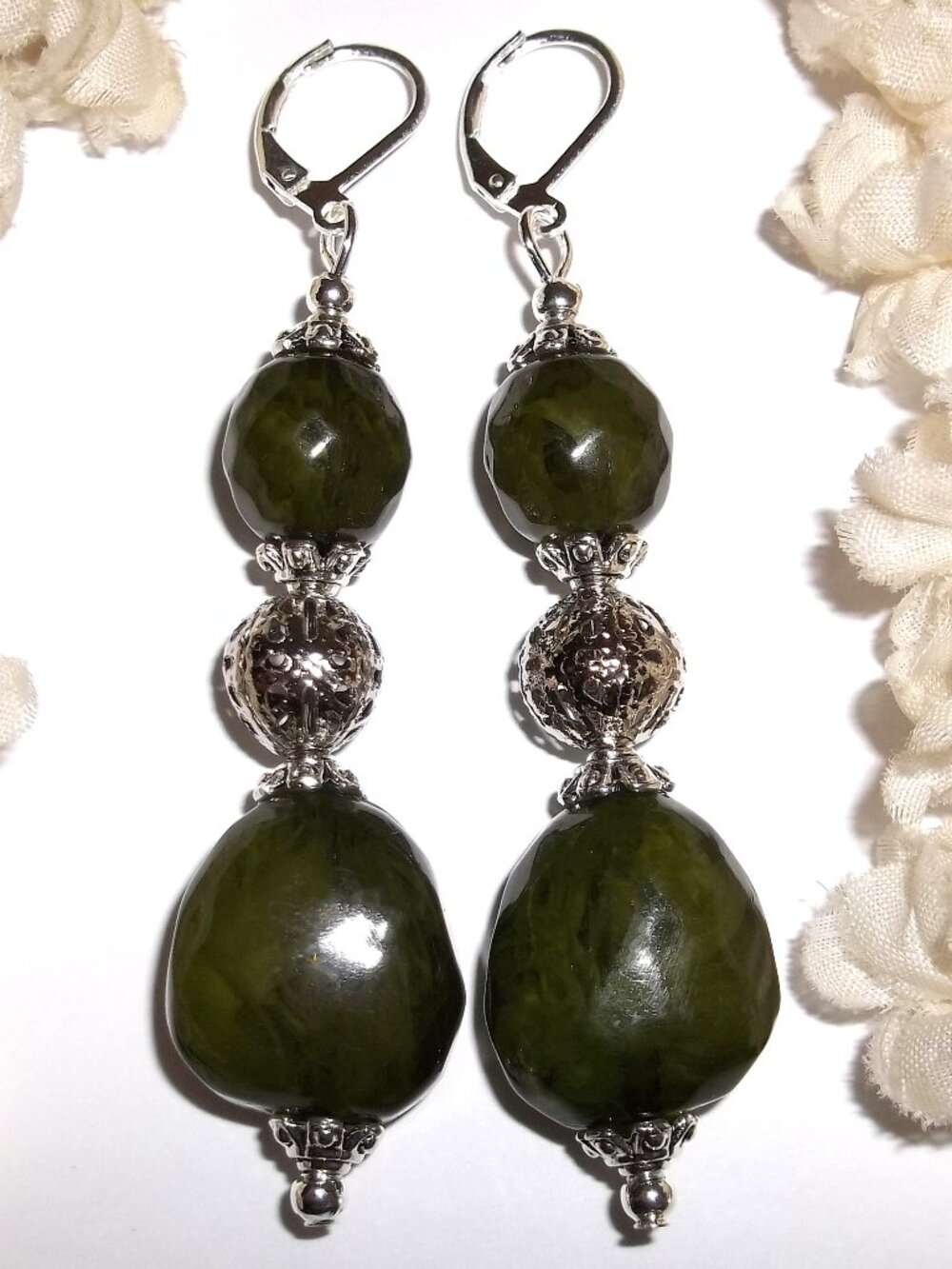Statement Earrings Green Silver Woman Lever Back Dangle Drop Jewelry Set D9138